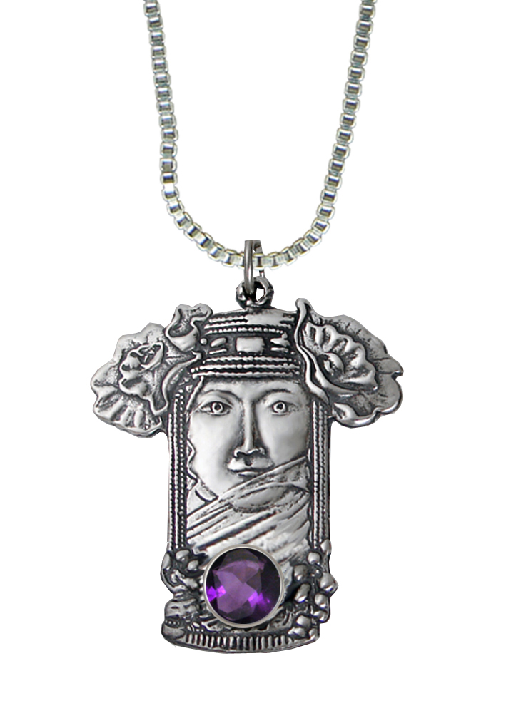 Sterling Silver Veiled Woman Maiden Pendant With Amethyst